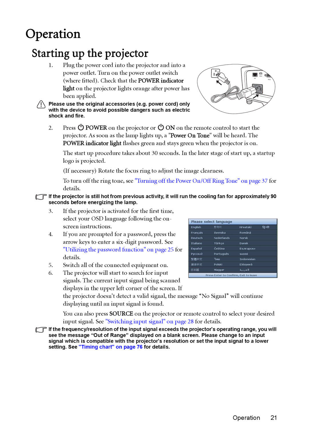 BenQ MX764 user manual Operation, Starting up the projector 