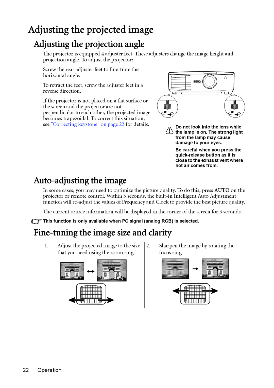 BenQ MX764 user manual Adjusting the projected image, Adjusting the projection angle, Auto-adjusting the image 