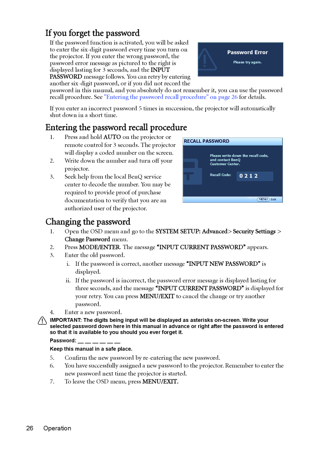 BenQ MX764 user manual If you forget the password, Entering the password recall procedure, Changing the password 