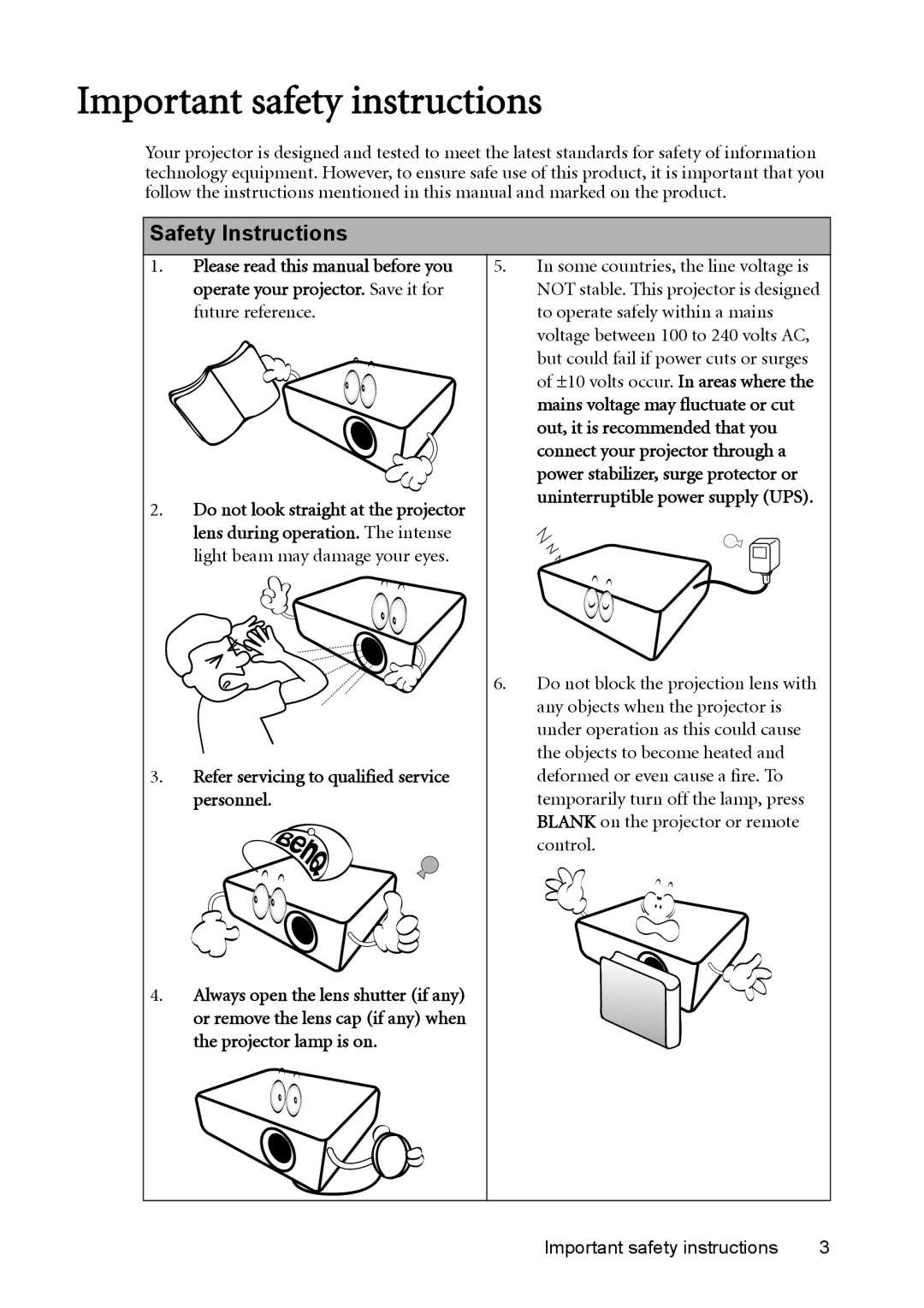 BenQ MX764 user manual Important safety instructions, Safety Instructions, Refer servicing to qualified service personnel 