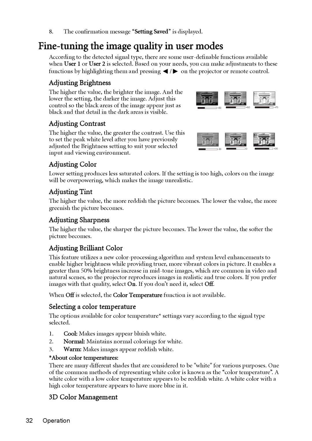 BenQ MX764 user manual Fine-tuning the image quality in user modes 