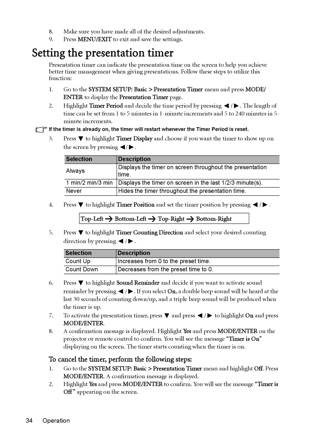 BenQ MX764 user manual Setting the presentation timer, To cancel the timer, perform the following steps 