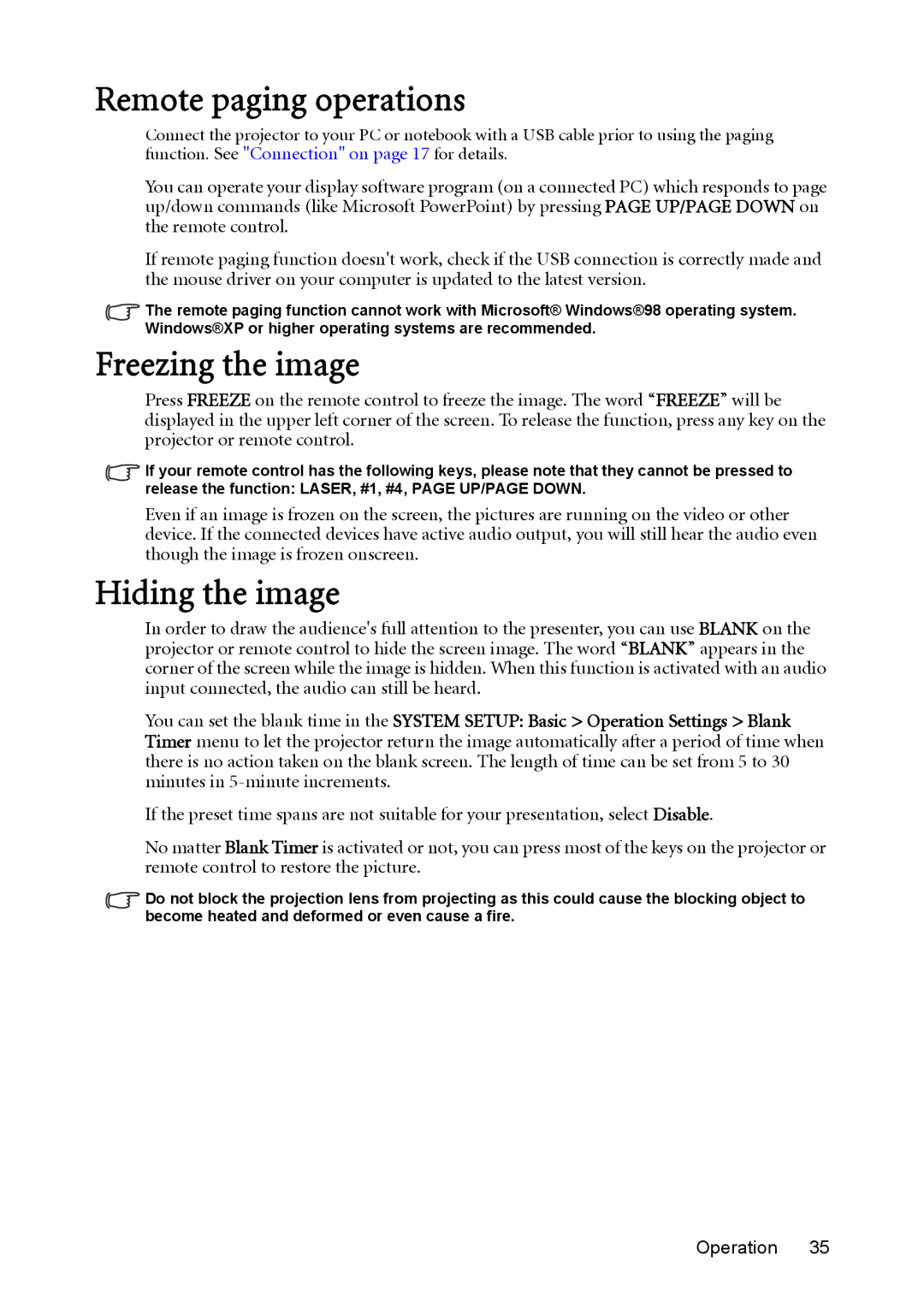 BenQ MX764 user manual Remote paging operations, Freezing the image, Hiding the image 