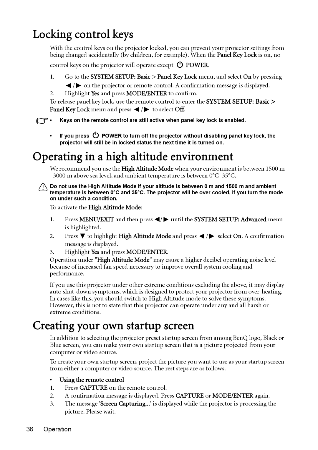 BenQ MX764 user manual Locking control keys, Operating in a high altitude environment, Creating your own startup screen 