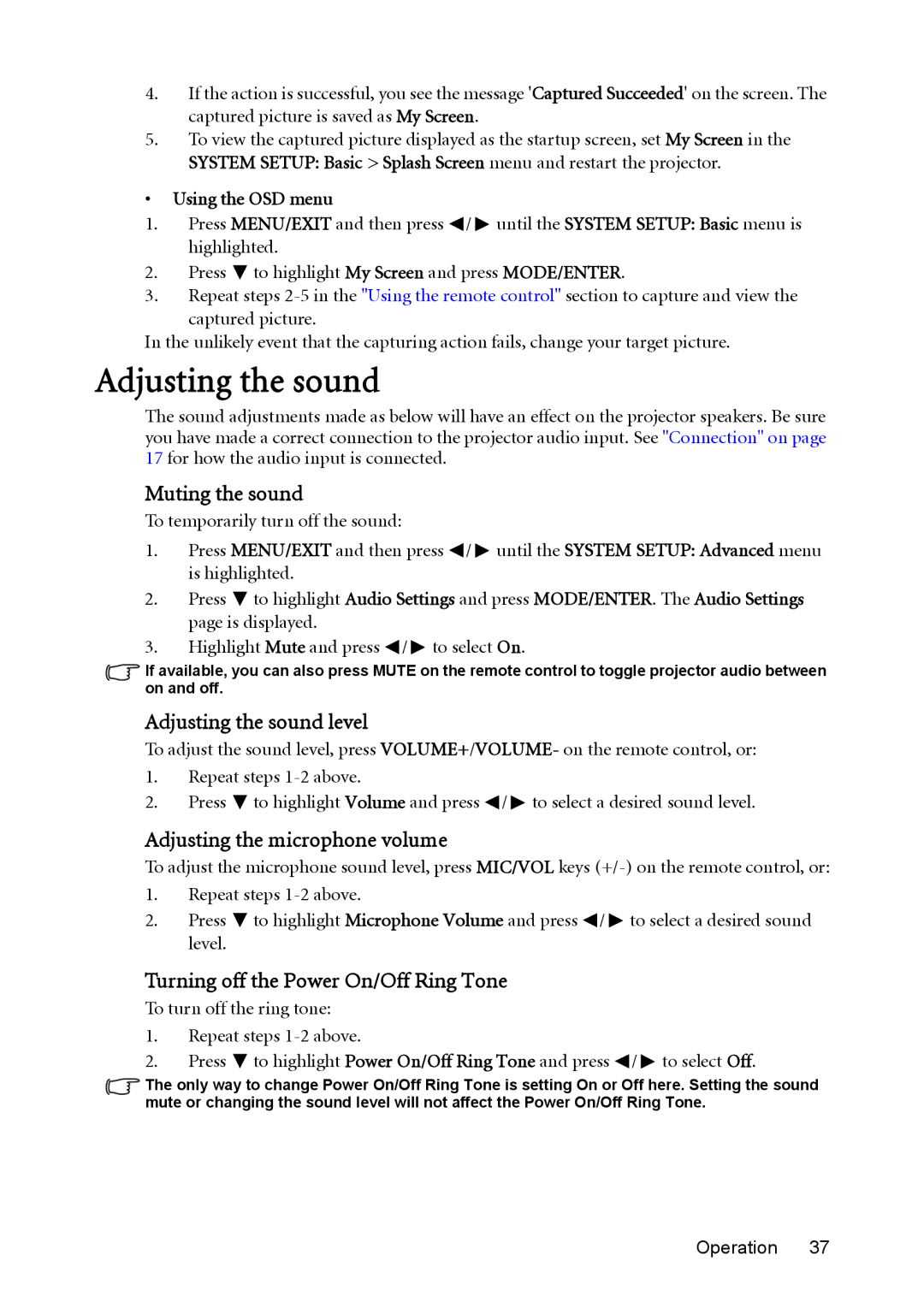 BenQ MX764 user manual Muting the sound, Adjusting the sound level, Adjusting the microphone volume 