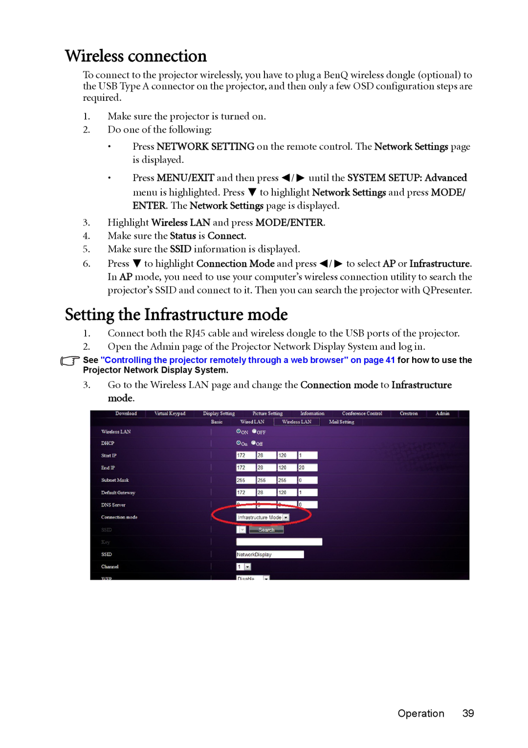 BenQ MX764 user manual Wireless connection, Setting the Infrastructure mode, Highlight Wireless LAN and press MODE/ENTER 