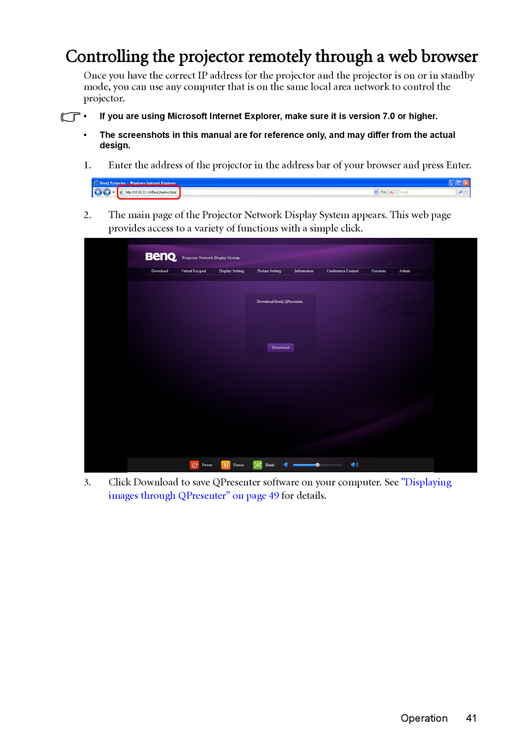 BenQ MX764 user manual Controlling the projector remotely through a web browser 