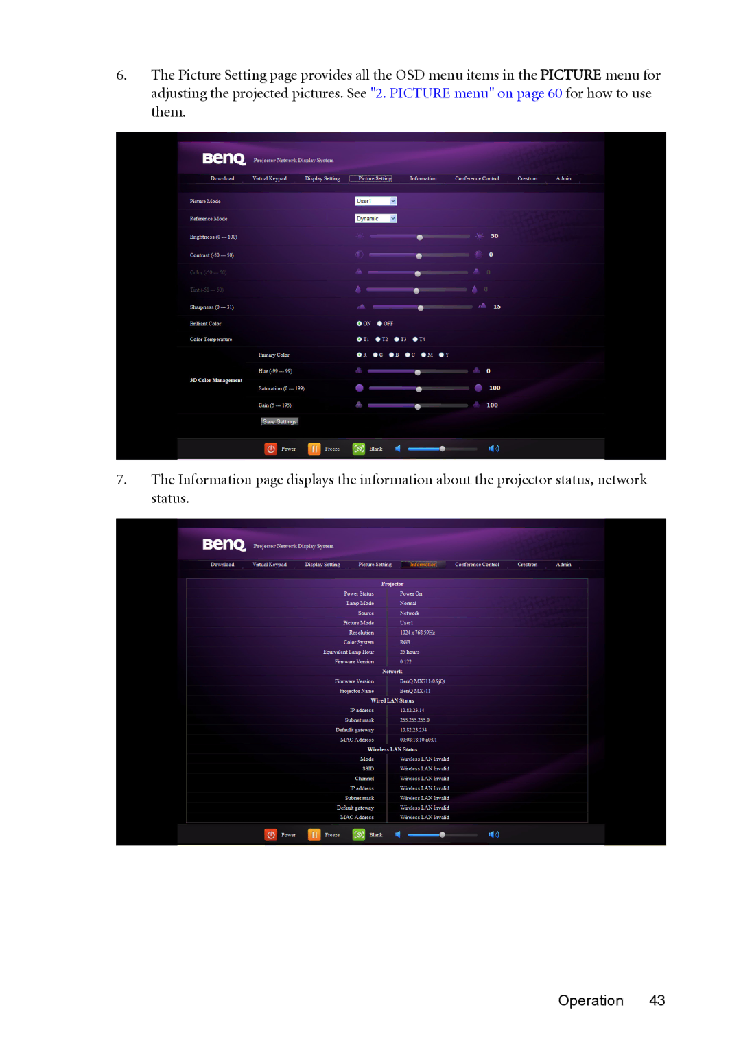 BenQ MX764 user manual Operation 