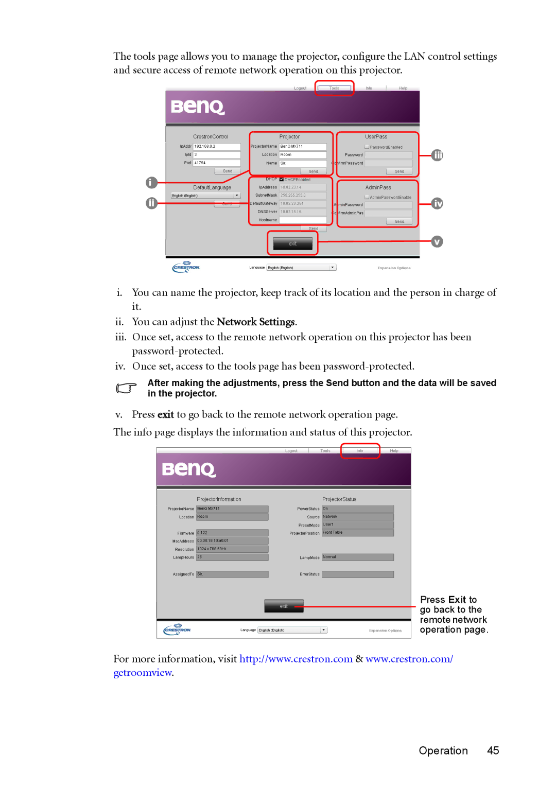 BenQ MX764 user manual Press Exit to go back to the remote network operation 