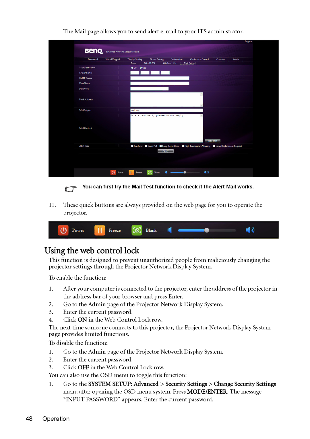 BenQ MX764 user manual Using the web control lock 