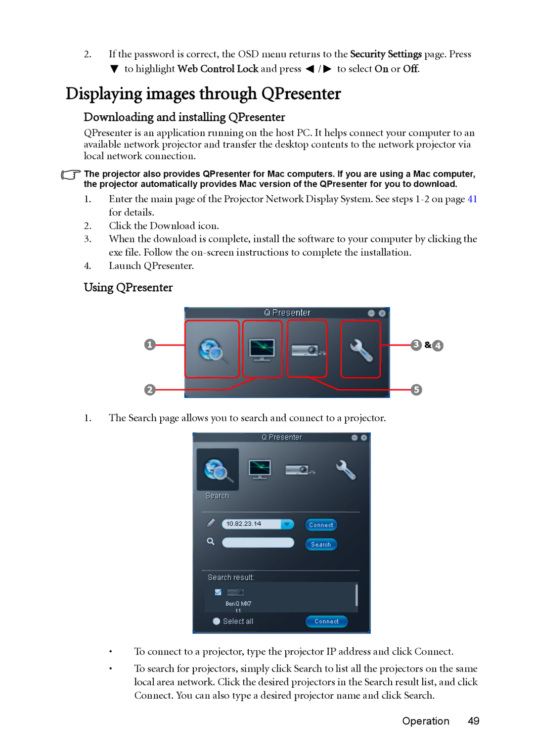 BenQ MX764 user manual Displaying images through QPresenter, Downloading and installing QPresenter, Using QPresenter 