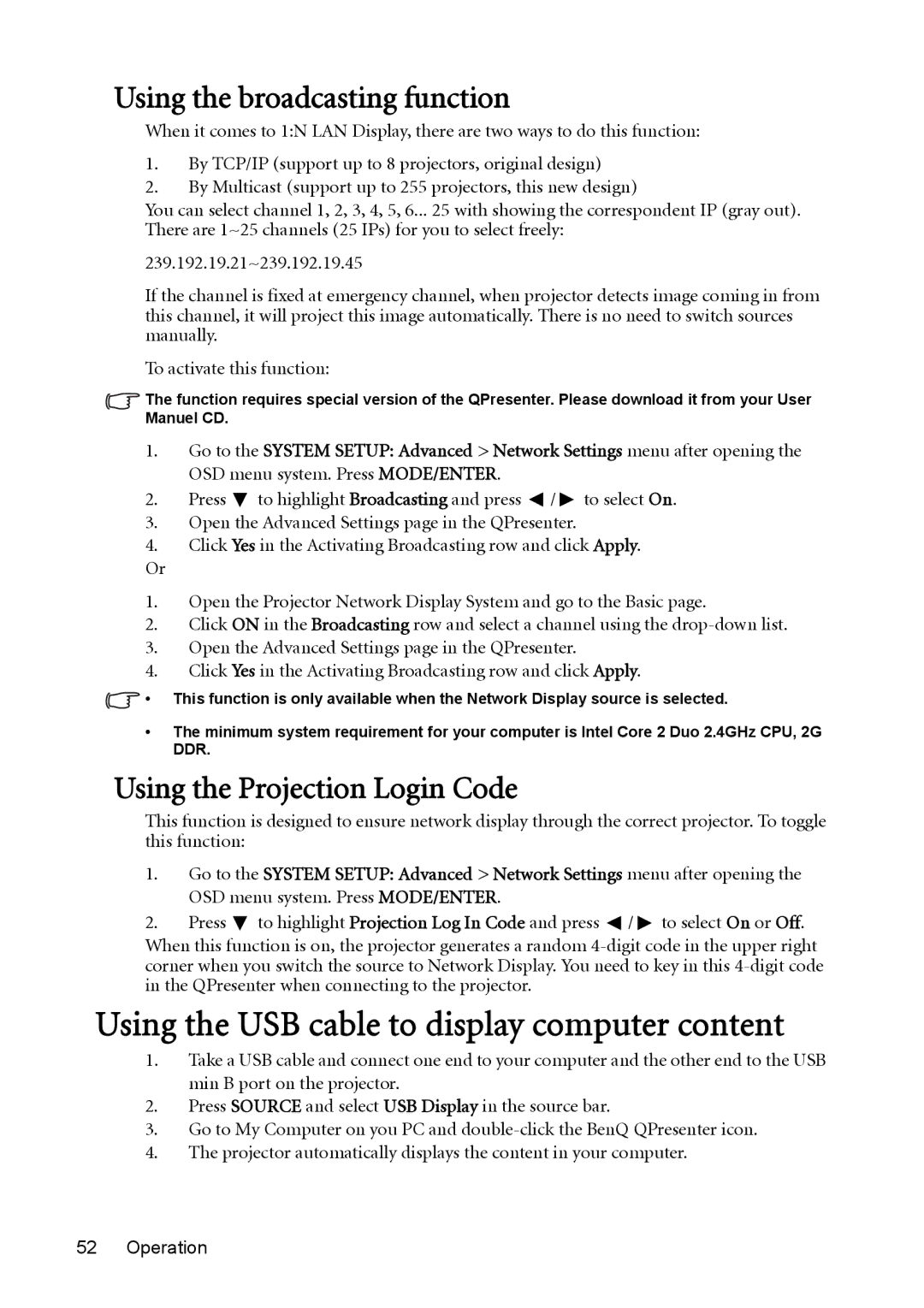 BenQ MX764 user manual Using the USB cable to display computer content, Using the broadcasting function 