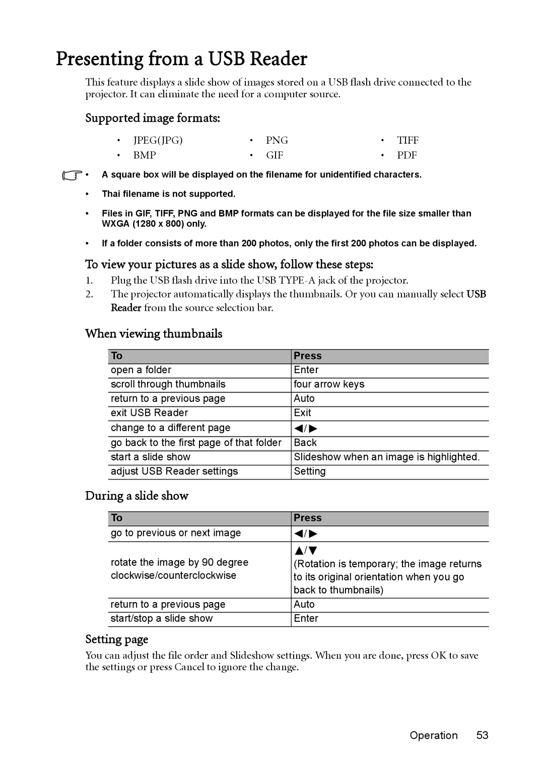 BenQ MX764 user manual Presenting from a USB Reader 