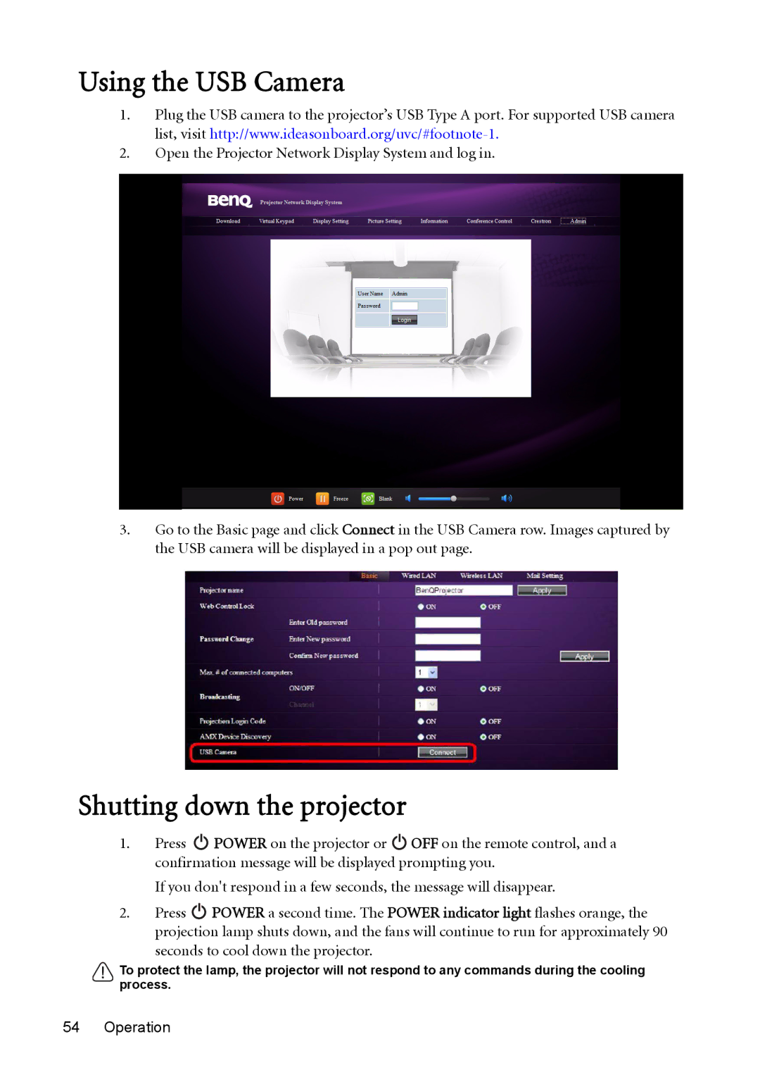 BenQ MX764 user manual Using the USB Camera, Shutting down the projector 