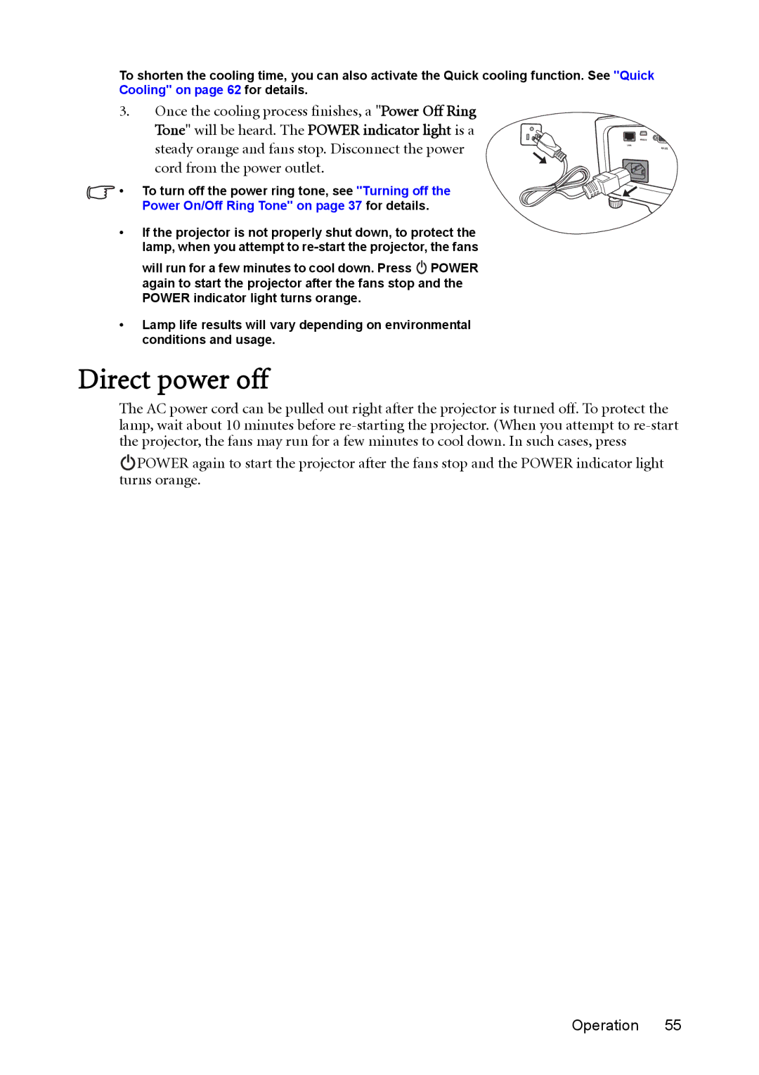 BenQ MX764 user manual Direct power off 