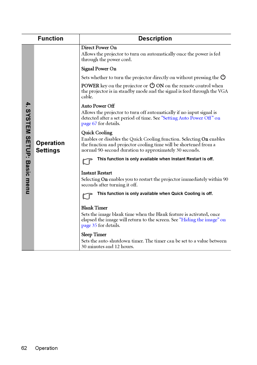 BenQ MX764 user manual Operation, Settings 