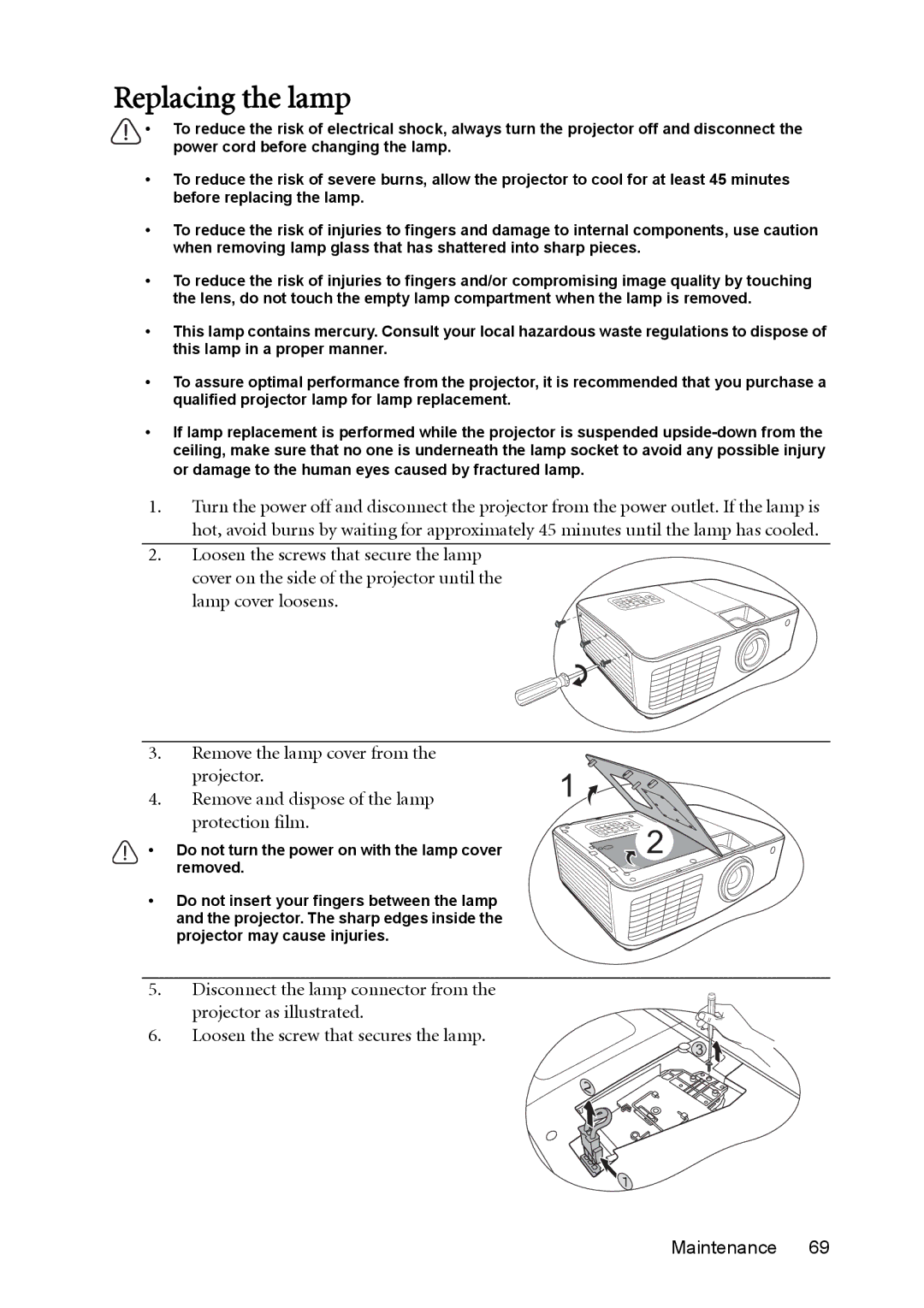 BenQ MX764 user manual Replacing the lamp 