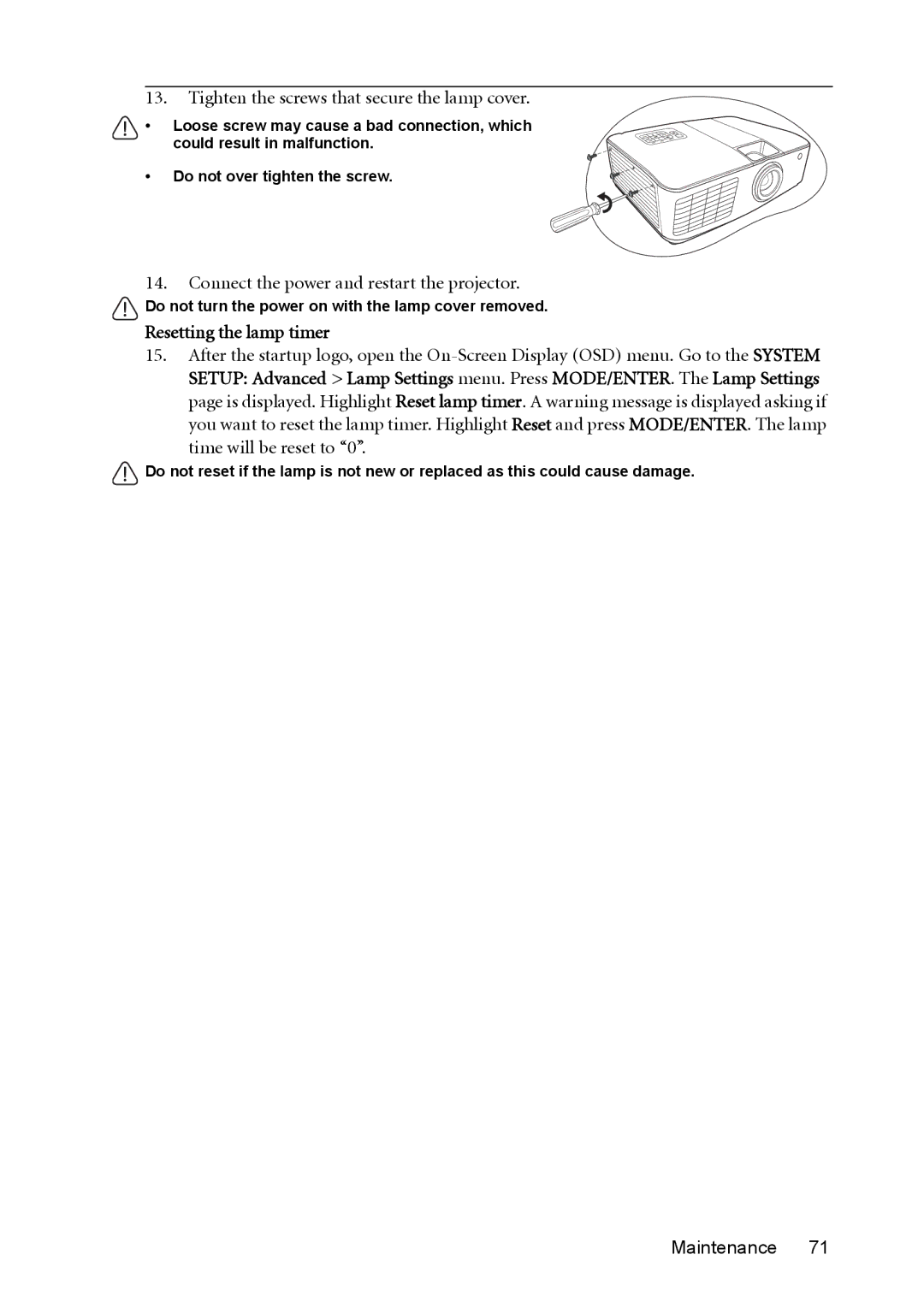 BenQ MX764 user manual Tighten the screws that secure the lamp cover, Resetting the lamp timer 
