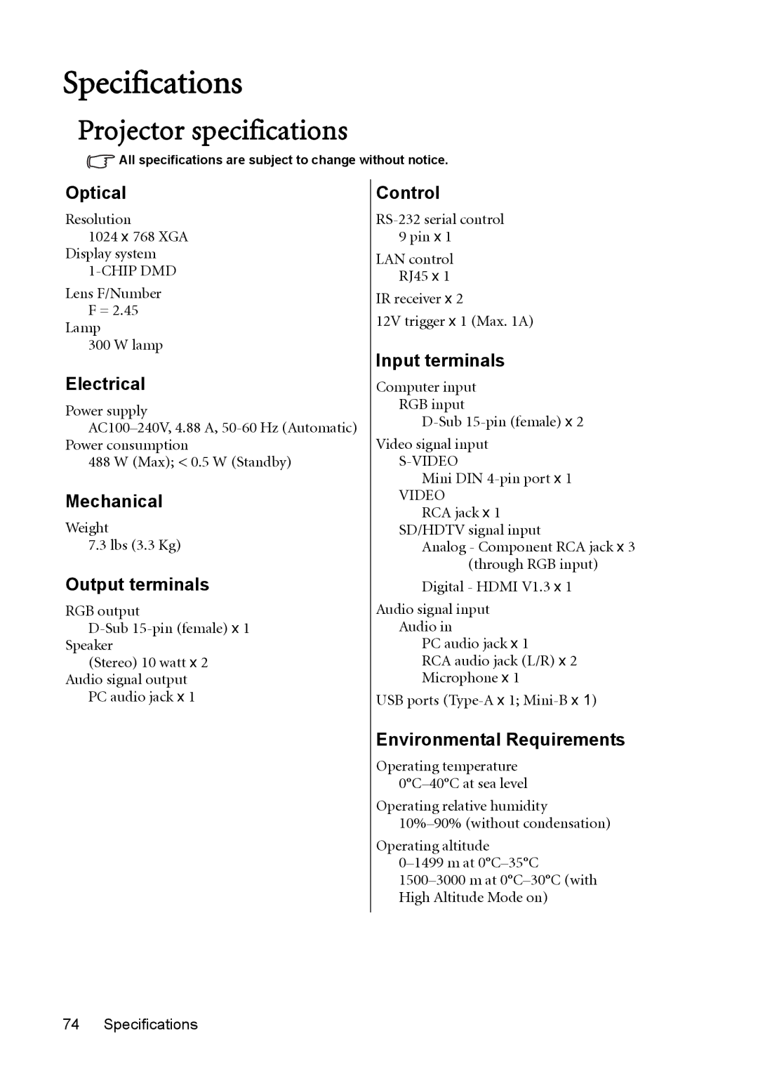 BenQ MX764 user manual Specifications, Projector specifications 