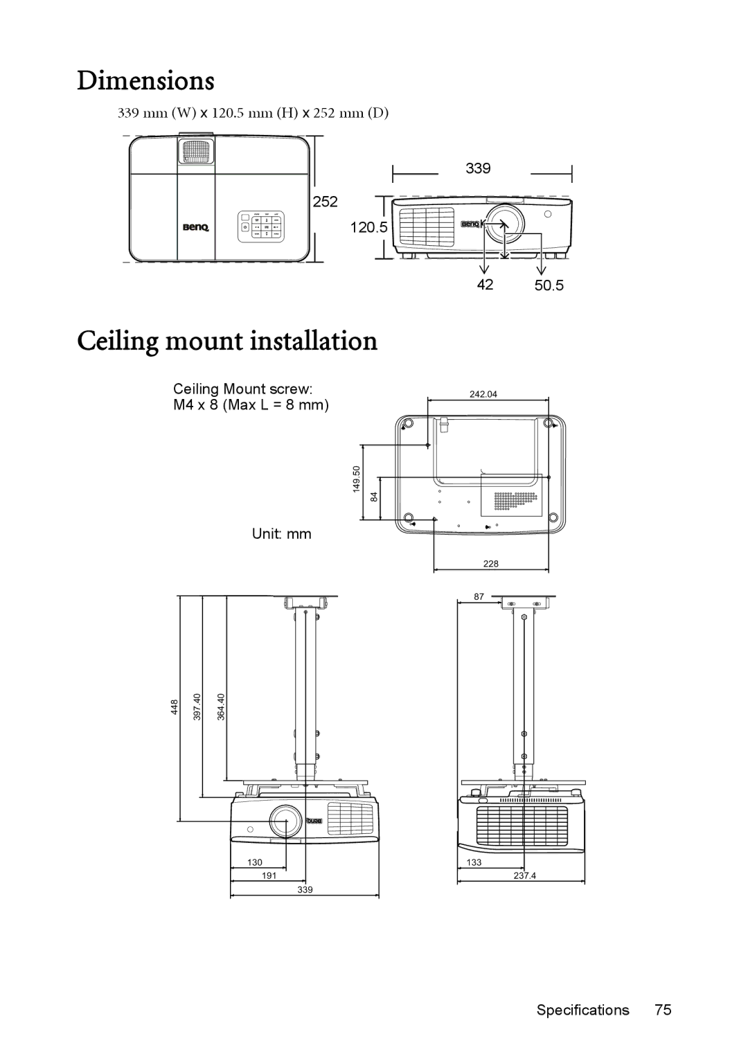 BenQ MX764 user manual Dimensions, Ceiling mount installation 