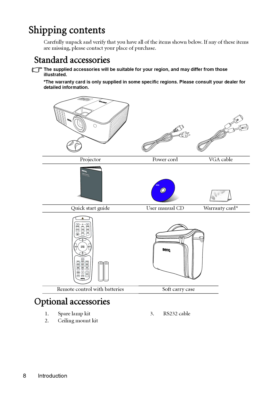 BenQ MX764 user manual Shipping contents 