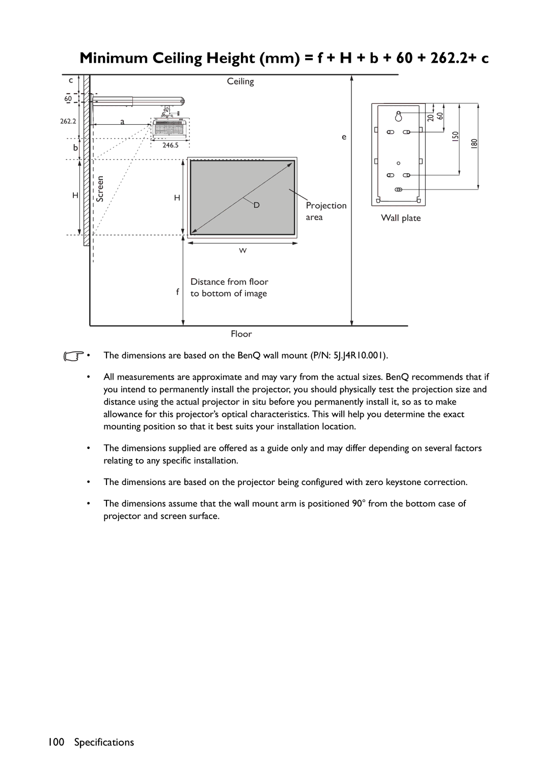 BenQ MW767, MX766, MX822ST user manual Minimum Ceiling Height mm = f + H + b + 60 + 262.2+ c 