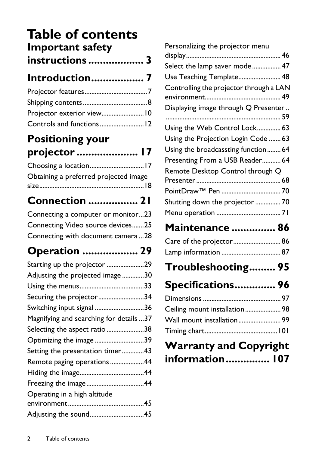 BenQ MX822ST, MX766, MW767 user manual Table of contents 