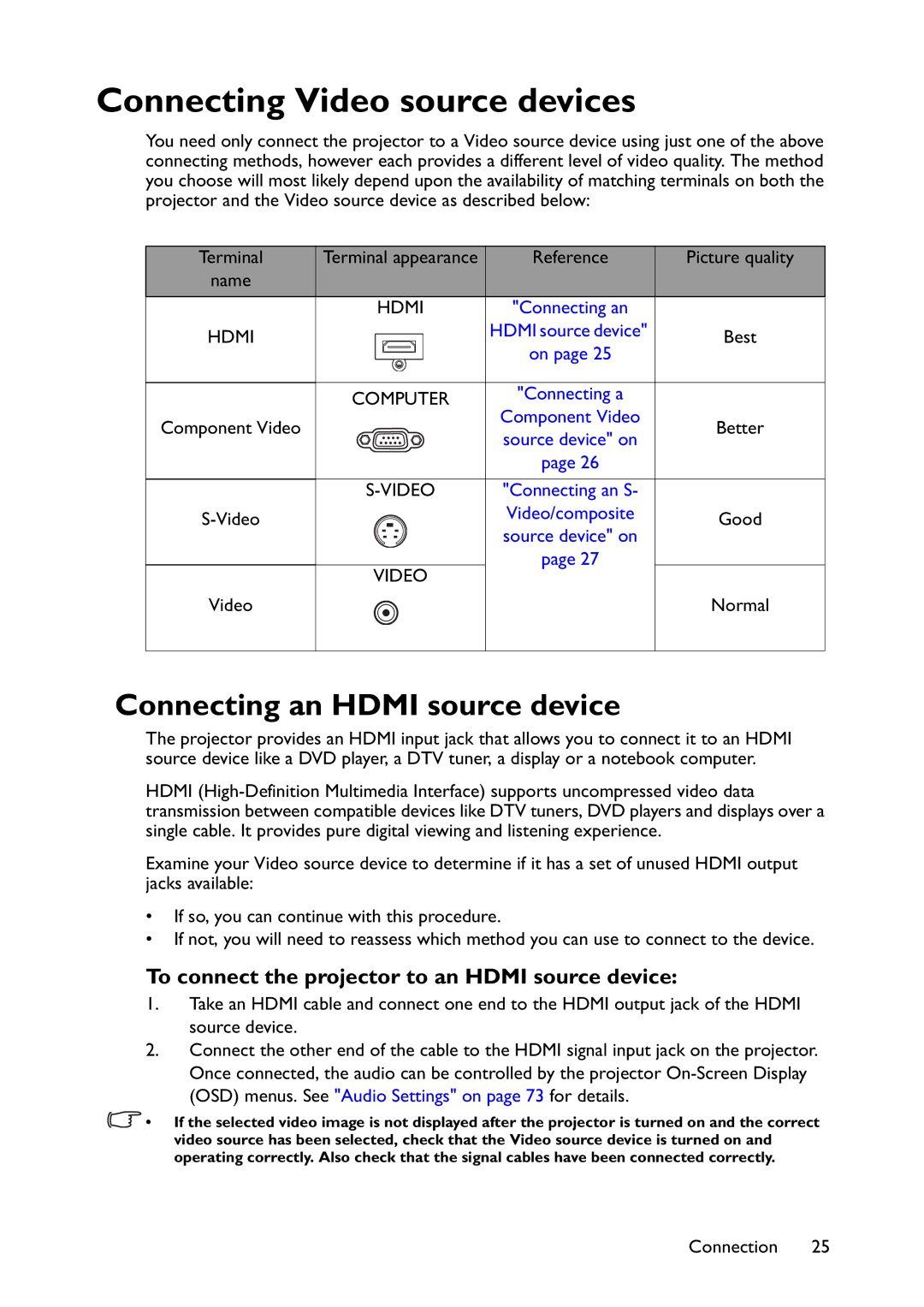 BenQ MW767, MX766, MX822ST user manual Connecting Video source devices, Connecting an Hdmi source device 