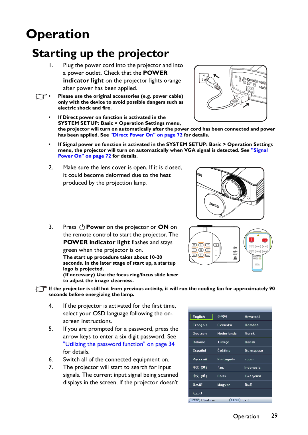 BenQ MX822ST, MX766, MW767 user manual Operation, Starting up the projector 