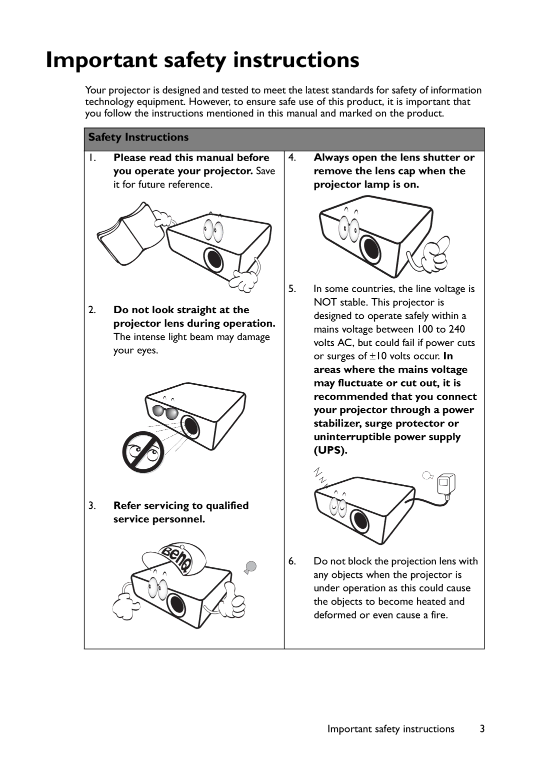 BenQ MX766 Important safety instructions, Safety Instructions, Do not look straight at, Projector lens during operation 