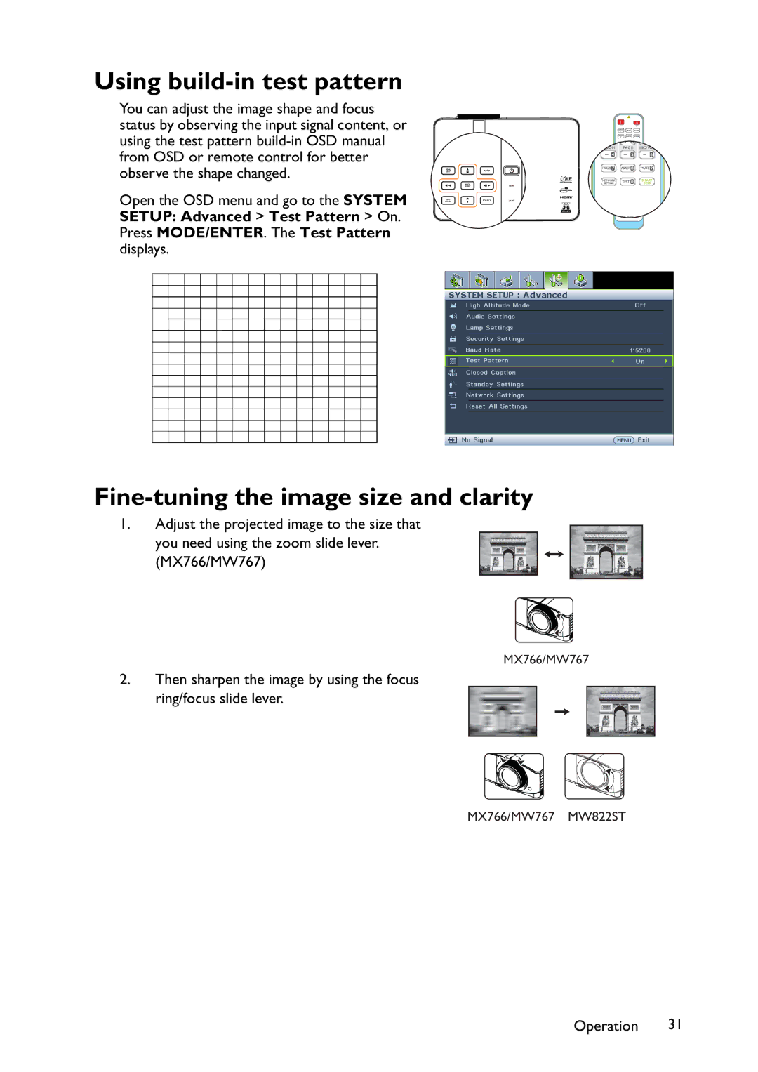 BenQ MW767, MX766, MX822ST user manual Using build-in test pattern, Fine-tuning the image size and clarity 