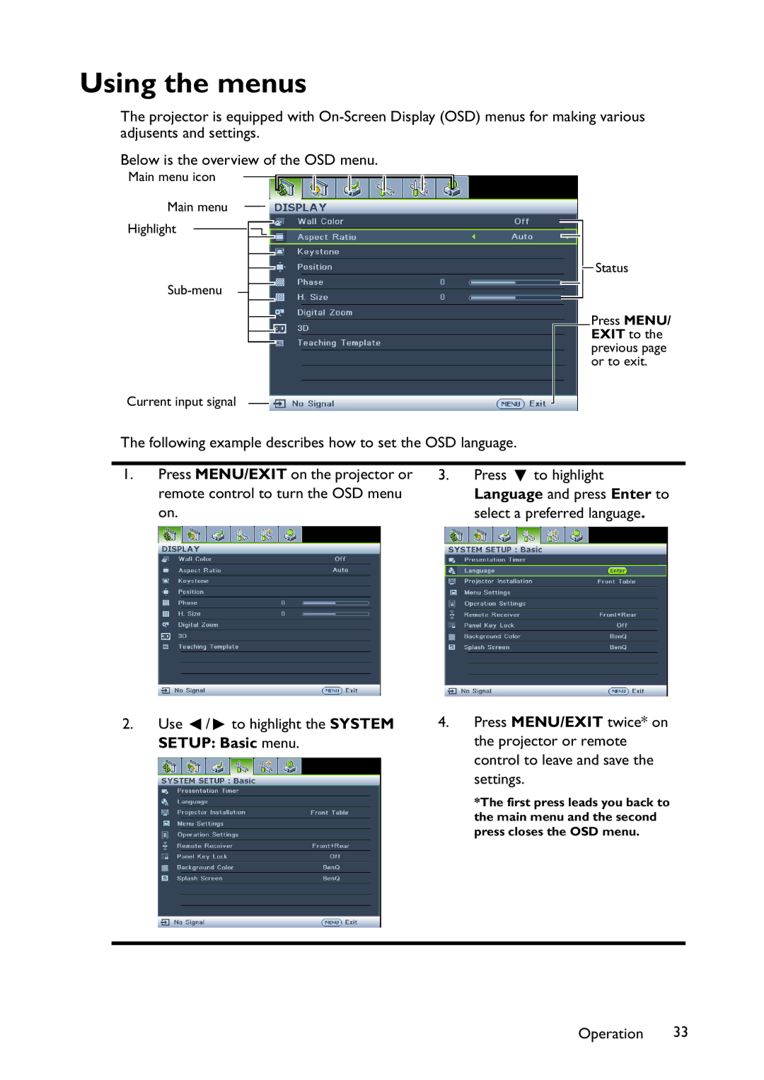 BenQ MX766, MW767, MX822ST user manual Using the menus, Language and press Enter to 