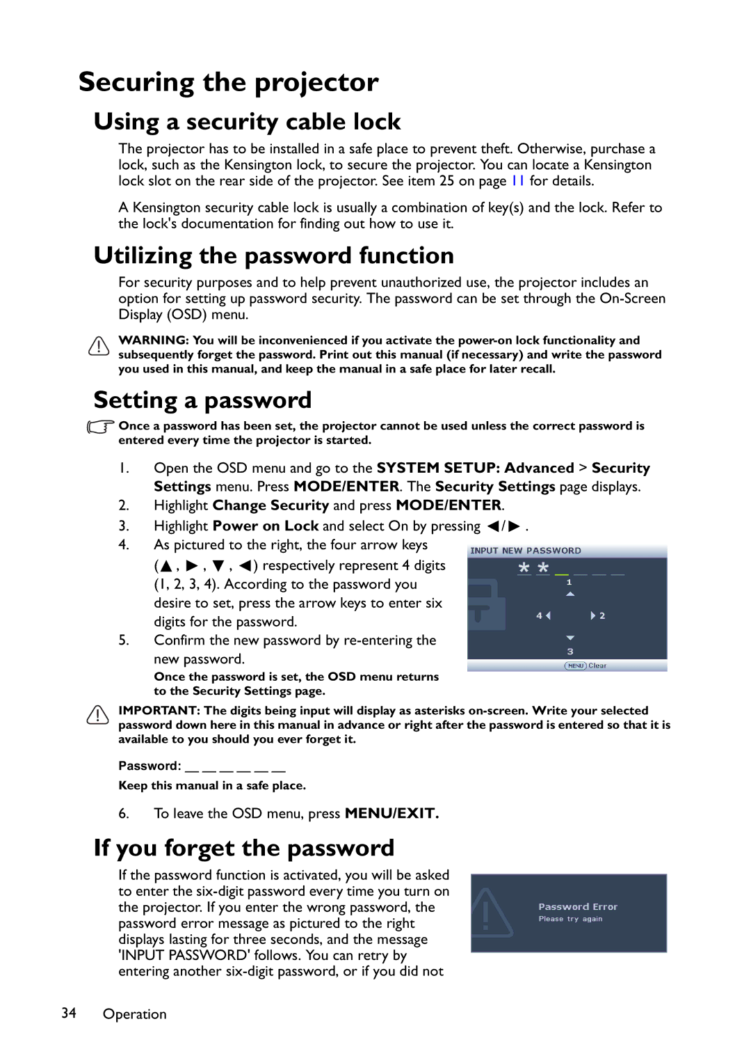 BenQ MW767, MX766 Securing the projector, Using a security cable lock, Utilizing the password function, Setting a password 