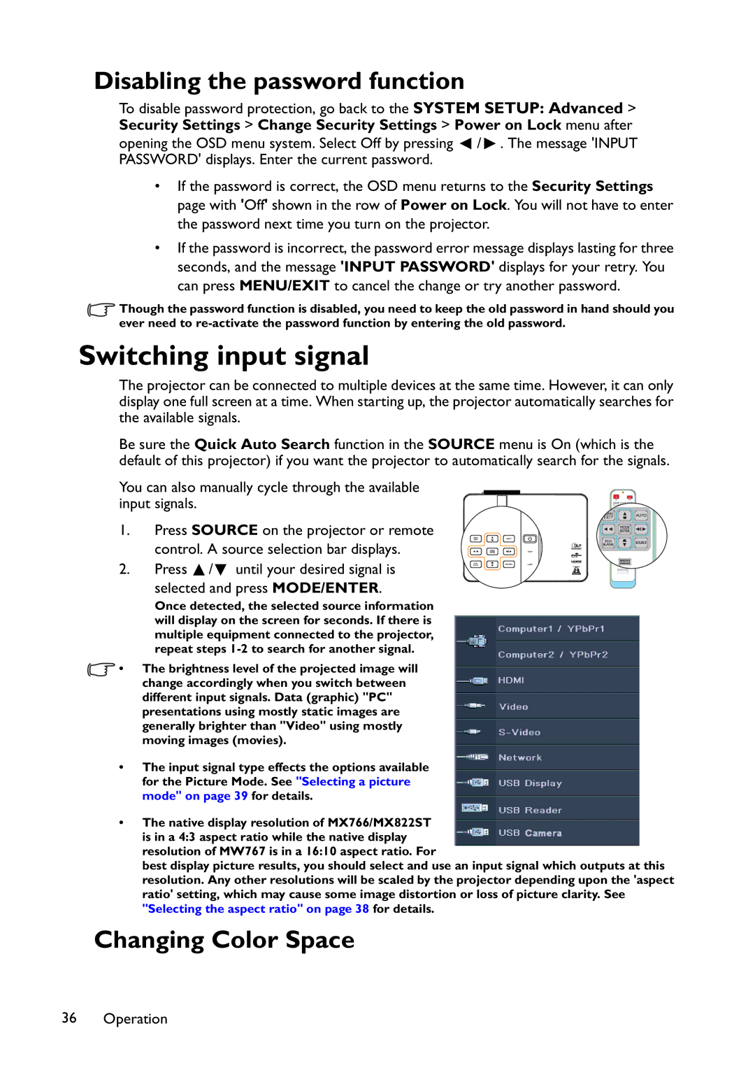 BenQ MX766, MW767, MX822ST user manual Switching input signal, Disabling the password function, Changing Color Space 