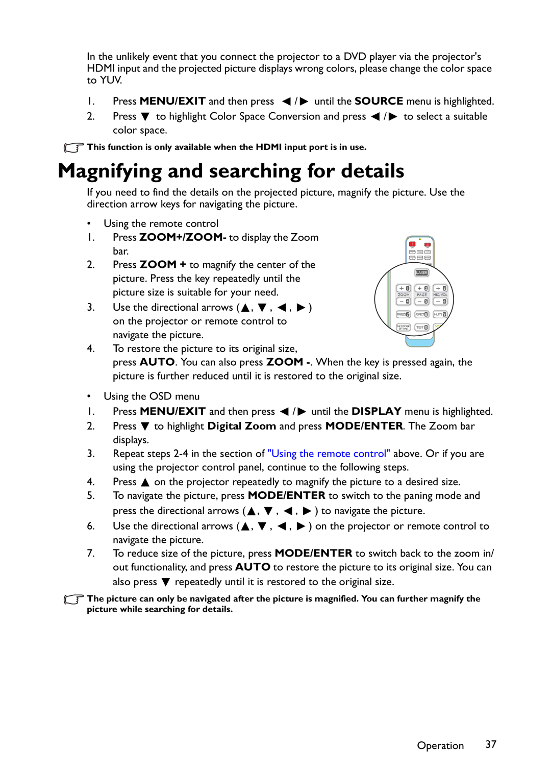 BenQ MW767, MX766, MX822ST user manual Magnifying and searching for details 