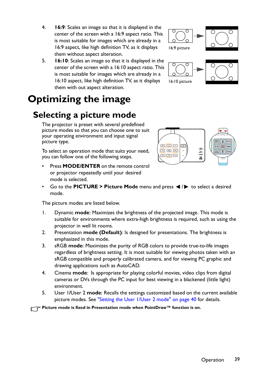 BenQ MX766, MW767, MX822ST user manual Optimizing the image, Selecting a picture mode 