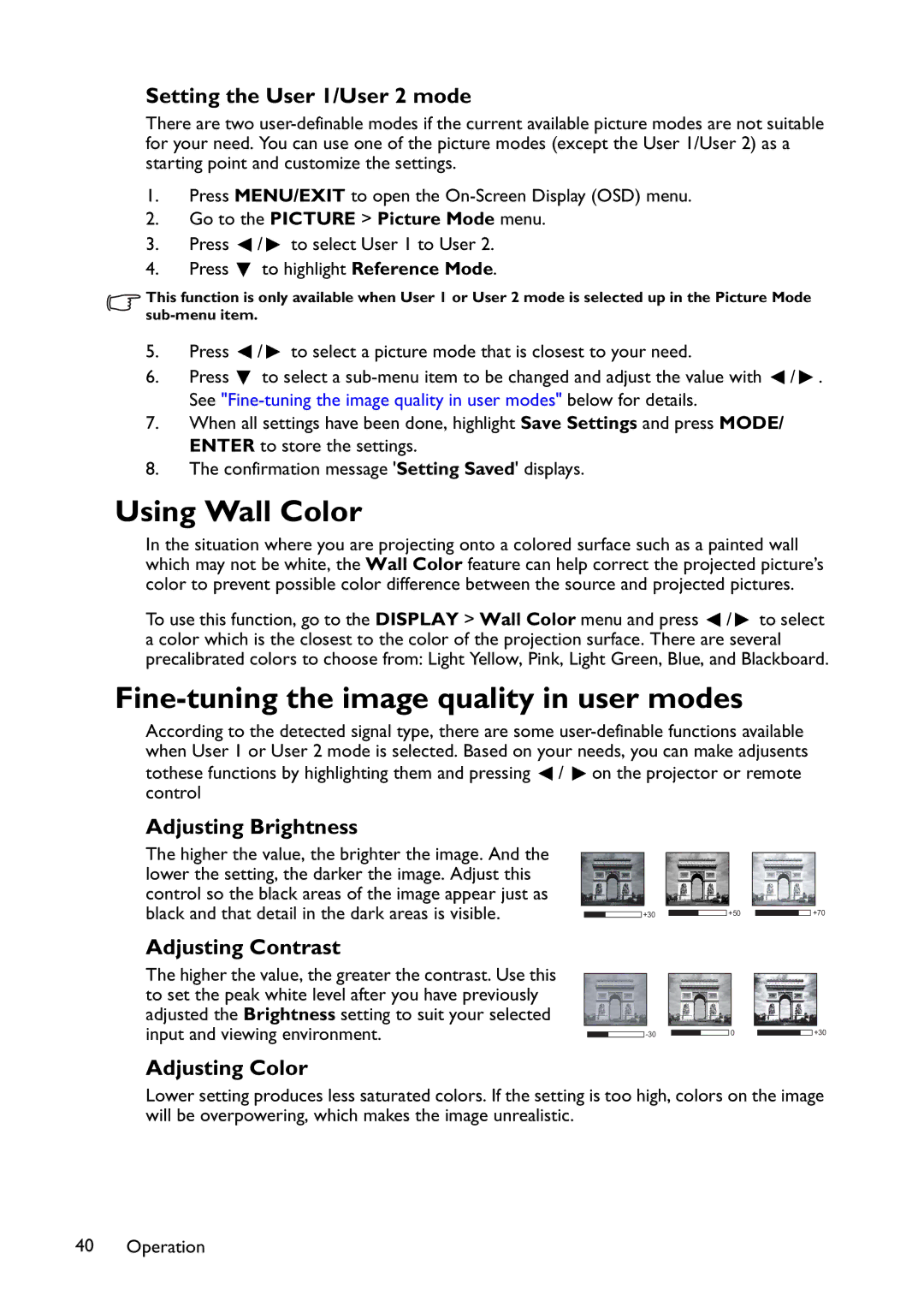 BenQ MW767, MX766, MX822ST user manual Using Wall Color, Fine-tuning the image quality in user modes 