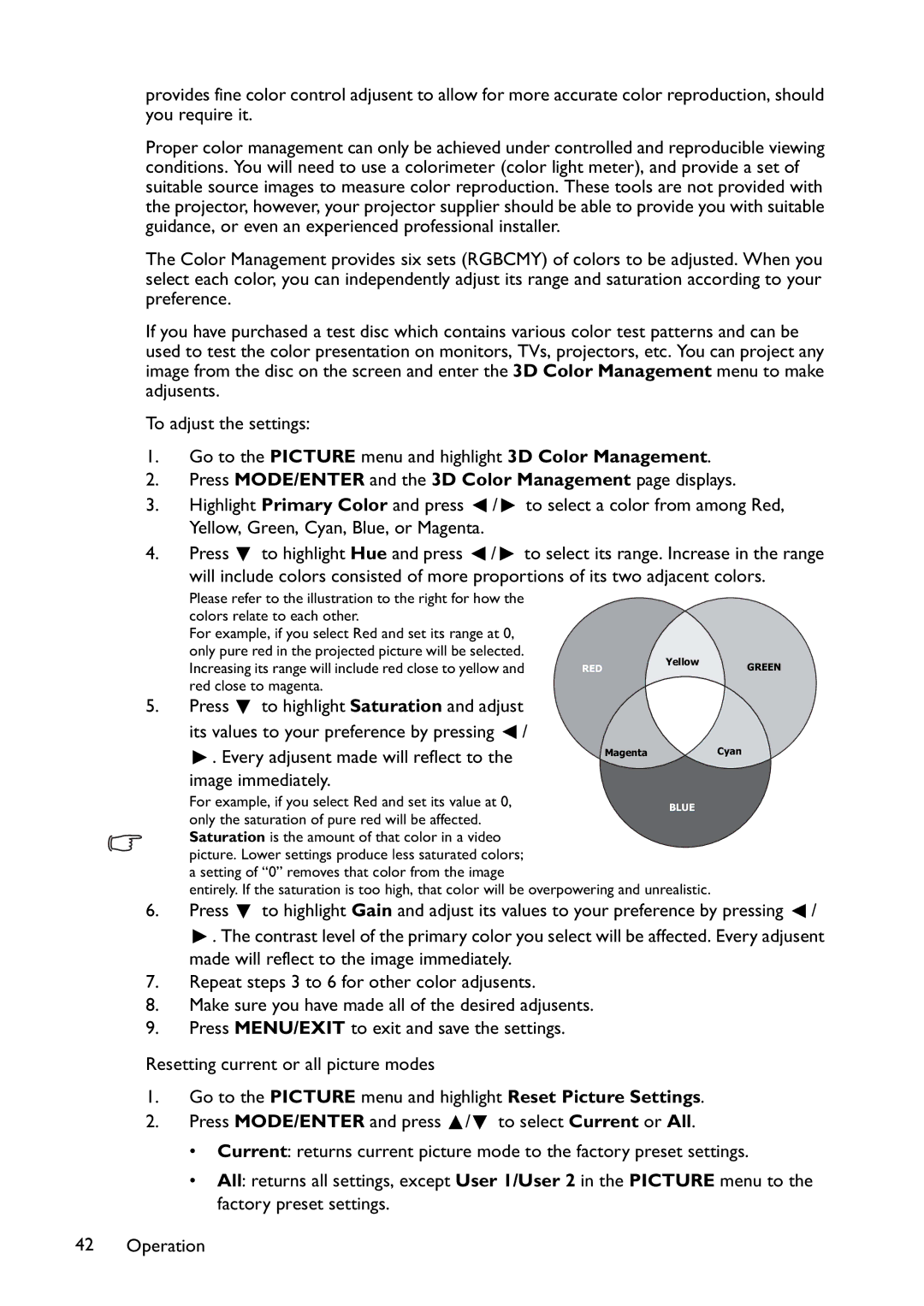 BenQ MX766, MW767, MX822ST user manual Press MODE/ENTER and the 3D Color Management page displays 