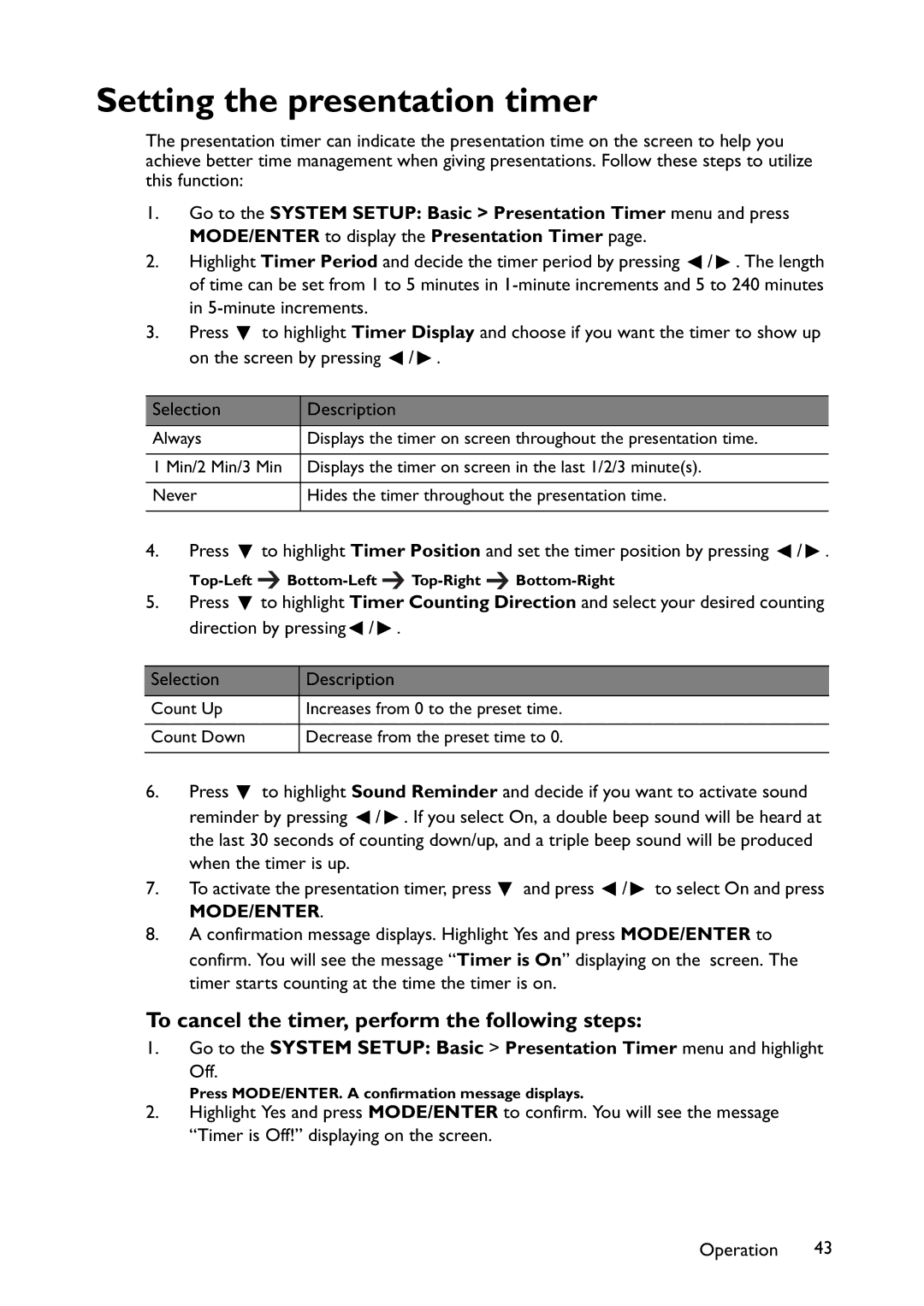 BenQ MW767, MX766, MX822ST user manual Setting the presentation timer, To cancel the timer, perform the following steps 