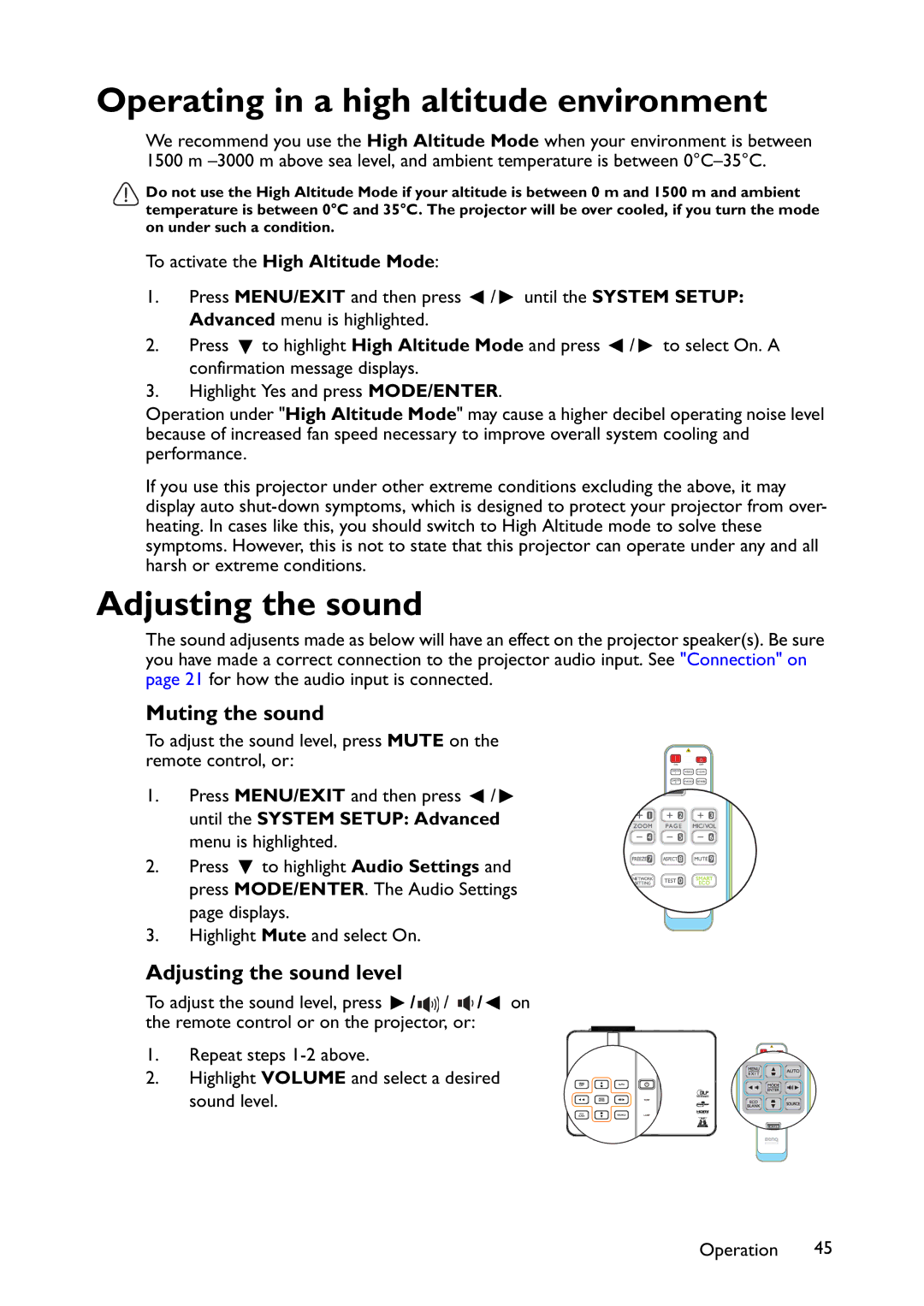 BenQ MX766, MW767, MX822ST Operating in a high altitude environment, Muting the sound, Adjusting the sound level 