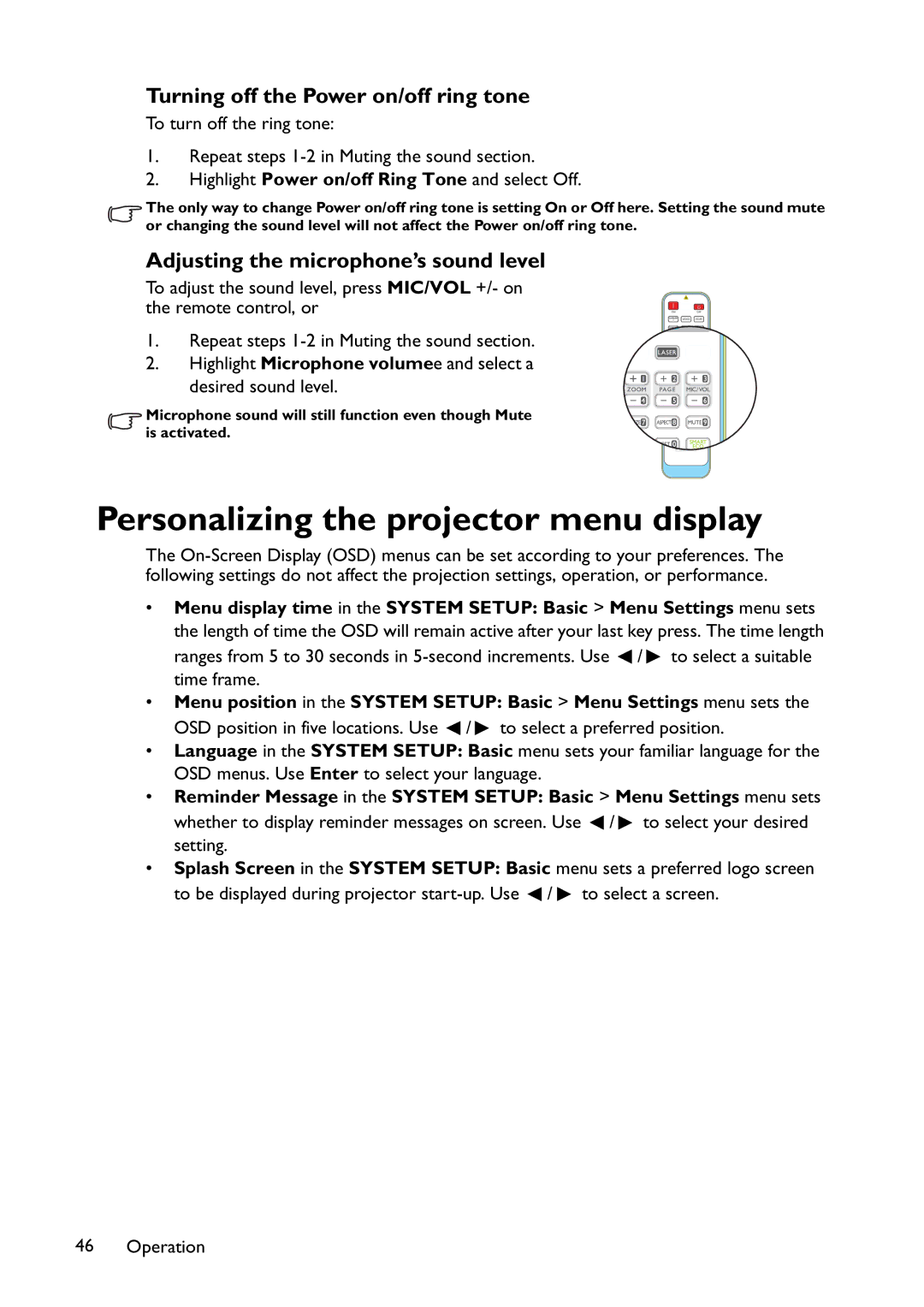 BenQ MW767, MX766, MX822ST user manual Personalizing the projector menu display, Turning off the Power on/off ring tone 