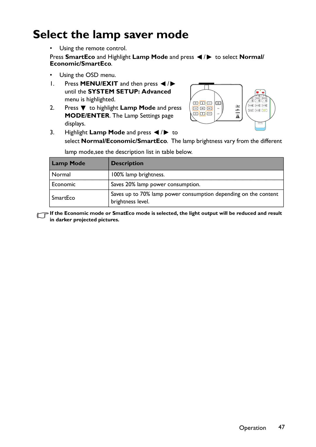 BenQ MX822ST, MX766, MW767 user manual Select the lamp saver mode, Until the System Setup Advanced menu is highlighted 