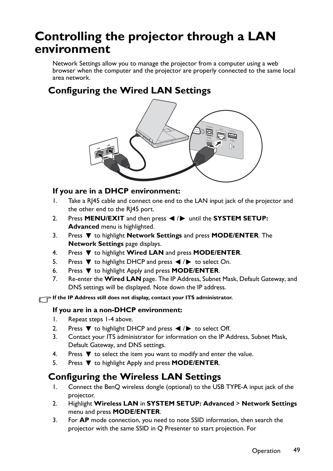 BenQ MW767, MX766, MX822ST Controlling the projector through a LAN environment, Configuring the Wired LAN Settings 