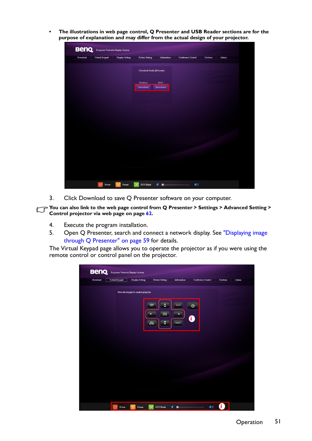 BenQ MX766, MW767, MX822ST user manual Through Q Presenter on page 59 for details 