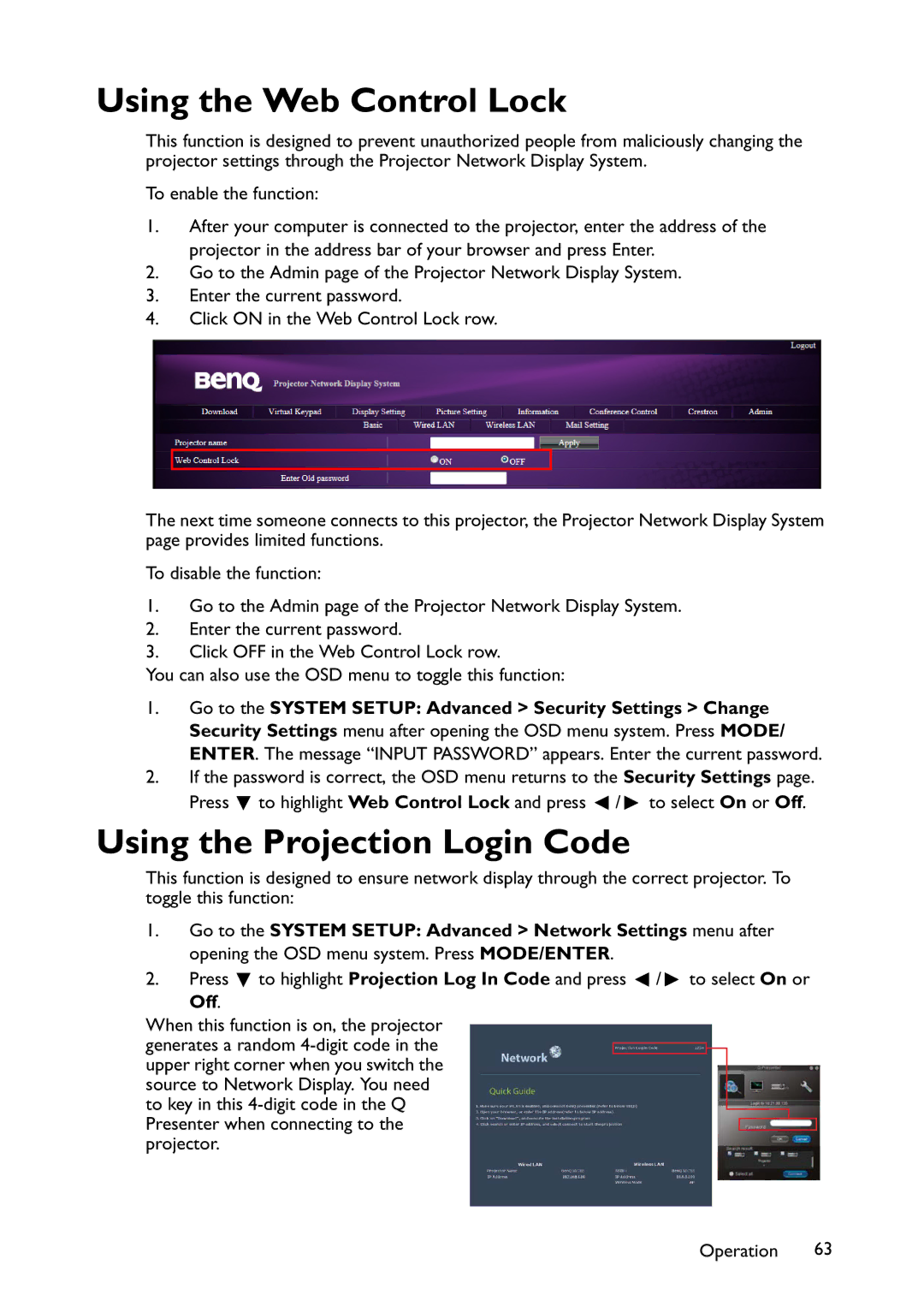 BenQ MX766, MW767, MX822ST user manual Using the Web Control Lock, Using the Projection Login Code 