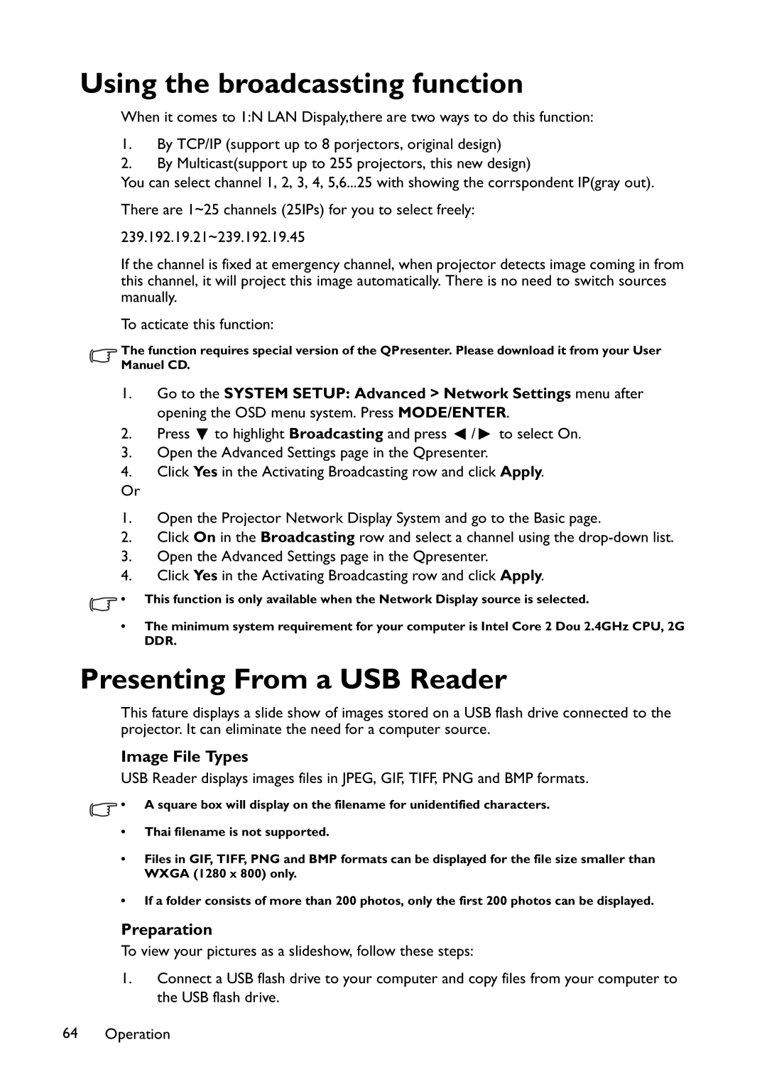 BenQ MW767, MX766, MX822ST Using the broadcassting function, Presenting From a USB Reader, Image File Types, Preparation 