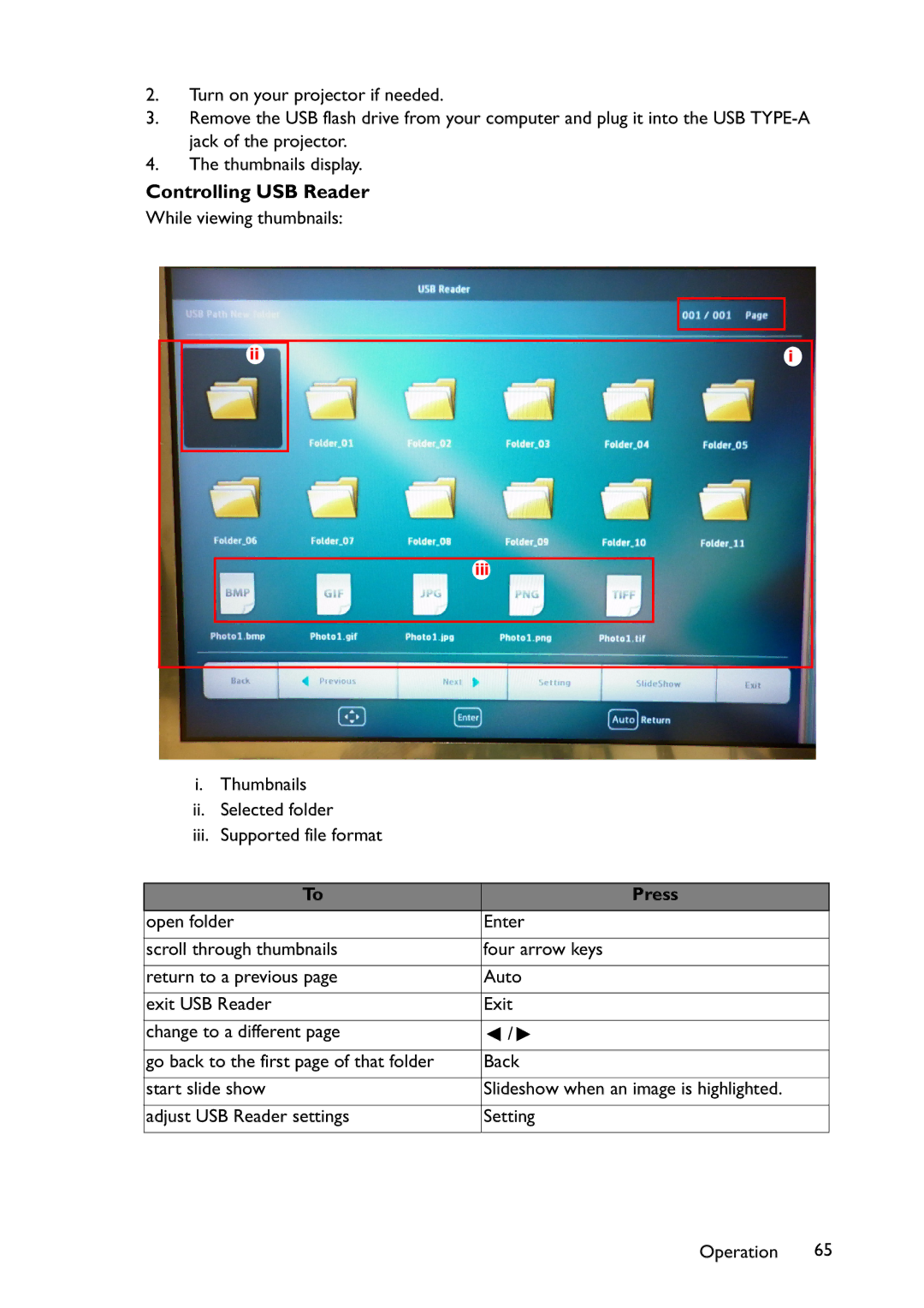 BenQ MX822ST, MX766, MW767 user manual Controlling USB Reader, Press 