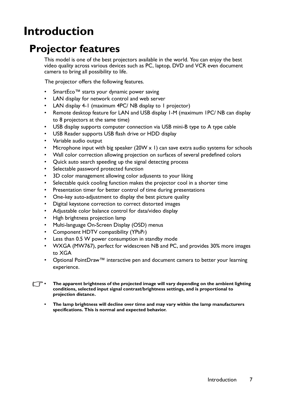 BenQ MW767, MX766, MX822ST user manual Introduction, Projector features 