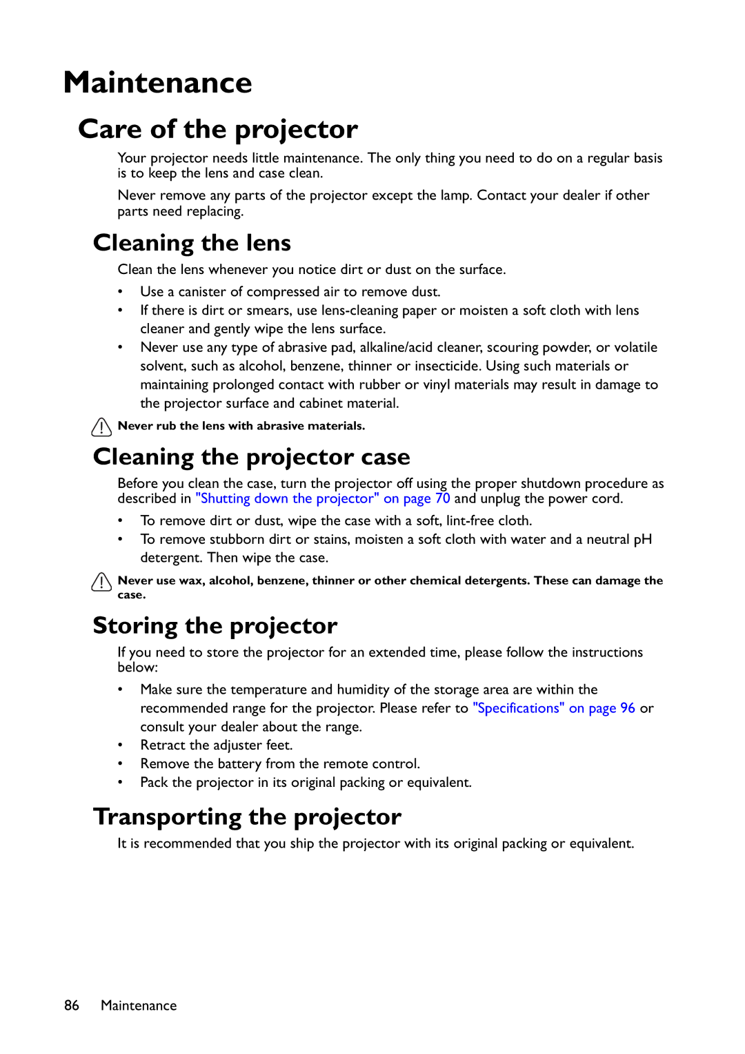 BenQ MX822ST, MX766, MW767 user manual Maintenance, Care of the projector 