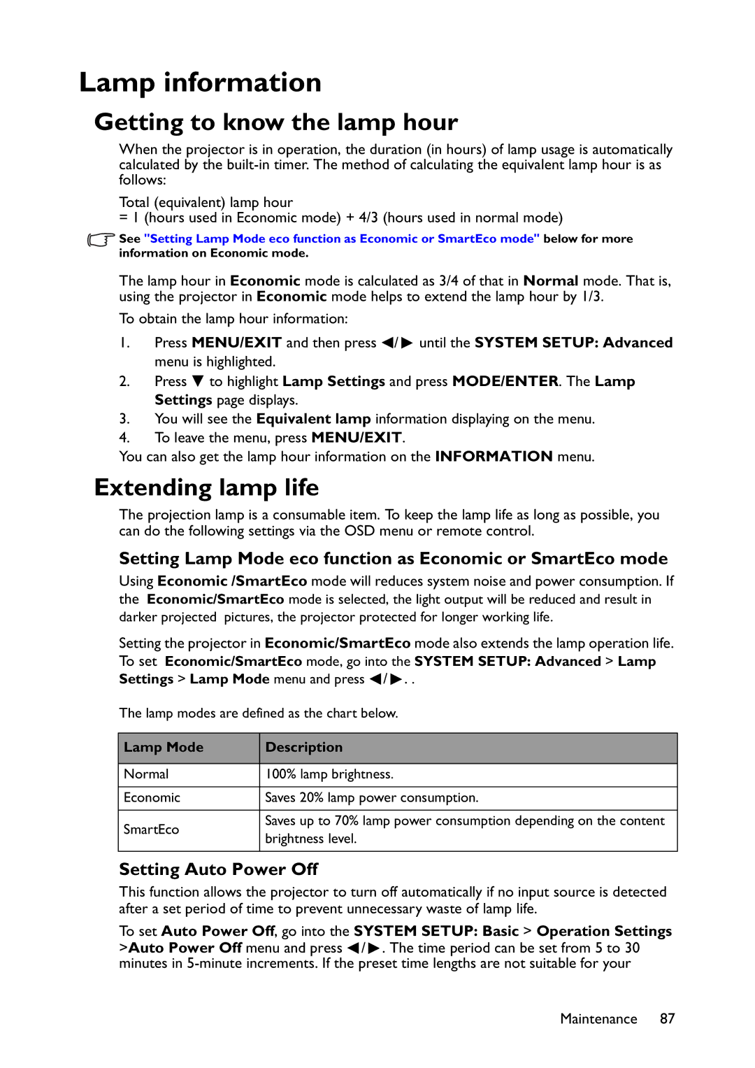 BenQ MX766, MW767, MX822ST Lamp information, Getting to know the lamp hour, Extending lamp life, Setting Auto Power Off 